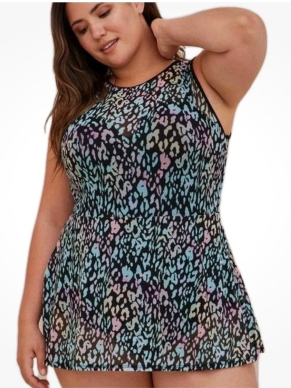 NWT Torrid Black Multi Pastel Leopard One-Piece Swim Dress 2 D/DD